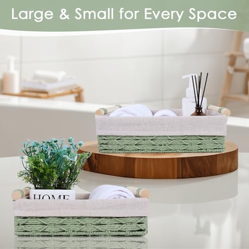 Wicker Storage Basket with Wooden Handle – Paper Rope Decorative Toilet Paper Baskets & Bathroom Organizer for Toilet Tank Top, Shelves, Bedroom, Countertop,Home,Office Storage Bins, 2 Pack,Sage Green