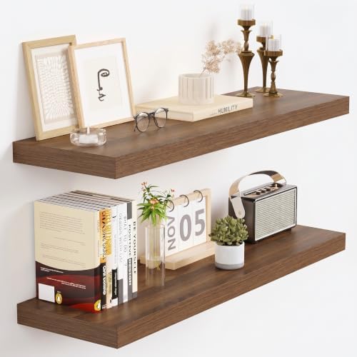 Vivelove Floating Shelves 9 inch Deep 24”Long Set of 2, Walnut | Easy Install With Hardware, 1.5" Thick, Invisible Brackets, Wall Mounted, No Sagging, For Any Room