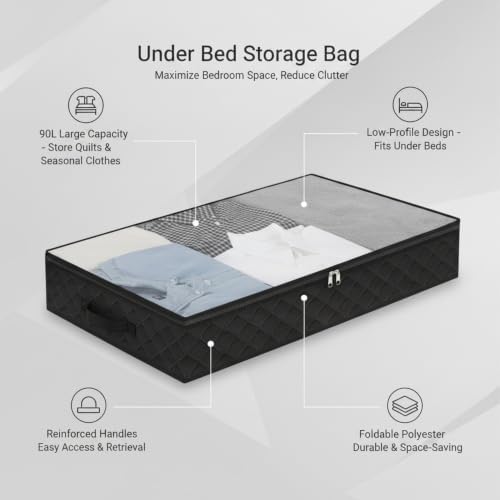 Easy-Access Under Bed Storage Bag, 90L Foldable Polyester Bin with Handles for Clothes and Quilts (1 Pack)