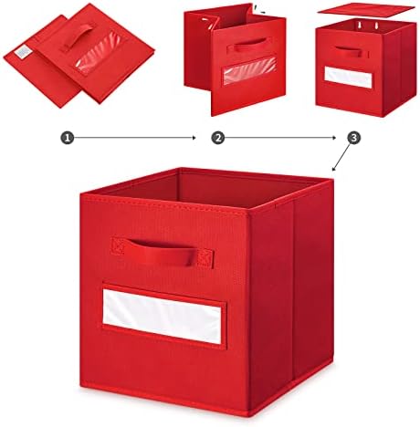 11 Inch Storage Cube,Storage bin,cube storage (Set of 10) Foldable Fabric Cube Storage Bins with 10 Labels Window Cards & a Pen,Baskets Containers for Shelves,Closet Organizers Box,Red