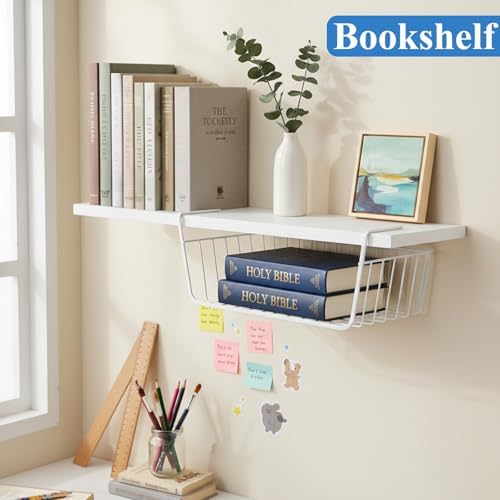6 Pack Under Shelf Basket, Slide in Wire Hanging Storage Baskets, Slides Under Wire Shelves, Undershelf Hanging Storage Bin Basket for Kitchen, Pantry, Counter, Desk Bookshelf (White)