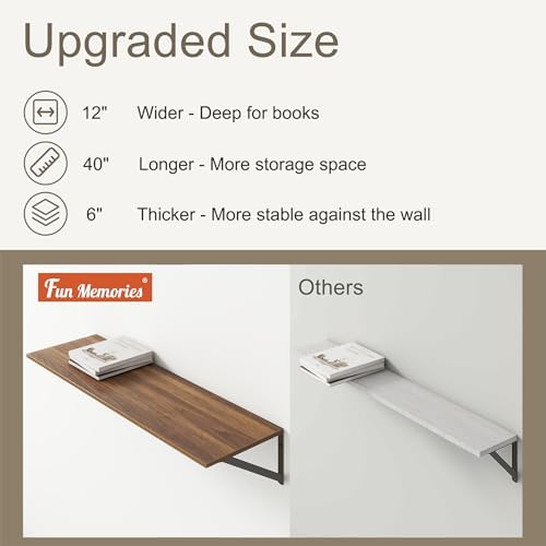 Fun Memories 40 Inch Floating Shelves, 12 Inch Deep Wall Shelf, 40 x 12 Floating Shelf Set of 2, Wood Floating Shelf Wall Mounted, Large Kitchen Living Room Bedroom Storage Shelves, Walnut