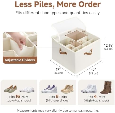 StorageWorks 16-Pair Shoe Organizer for Closet, Adjustable Dividers, Beige | Holds up to 16 Pairs, Foldable, Clear Lid, Reinforced Handles, Fits Sneakers, Boots & Heels, For Closet, Entryway & Bedroom