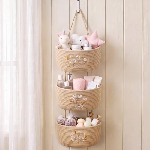 Novabright 3 Tier Over The Door Hanging Basket Organizer with Hooks | Woven Cotton Wall Mounted Storage Organizer Closet Boho Embroidery Large Wall Basket for Nursery Bedroom Bathroom Kitchen