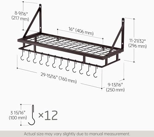 KES 30-Inch Wall Pot Rack, Oil Bronze, 88lb Capacity, 12 Hooks, Farmhouse | Carbon Steel Construction, Reinforced Grid Shelf, Stud Mounting, 12 S-Hooks, Rust-Resistant, Indoor Kitchen Organizer