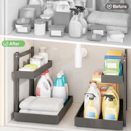 Bamboo Under Sink Organizer 2 Pack, 2-Tier Pull Out Cabinet Organizer