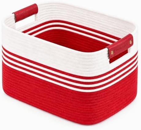 12.8GAL Kids Stuffed Animal Toy Storage Organizer, Cute Mini Nursery Laundry Basket for Baby Girls Boys Dirty Clothes, Picture Books, Small Cotton Rope Wicker Hamper for Bathroom Towels White Red