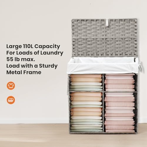 DUMOS Wicker Laundry Basket with Lid, 110L Woven Laundry Hamper with Handles, Foldable Rattan Clothes Hamper with Removable Liner & Sturdy Steel Frame, Dove Gray