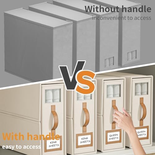 8 Pack Foldable Bed Sheets Set Organizers and Storage(King & Queen Size),Linen Fabric Closet Organizers with Window,Folding Bedding Storage Box for Bedsheets and Pillow Cube Organizer-Beige