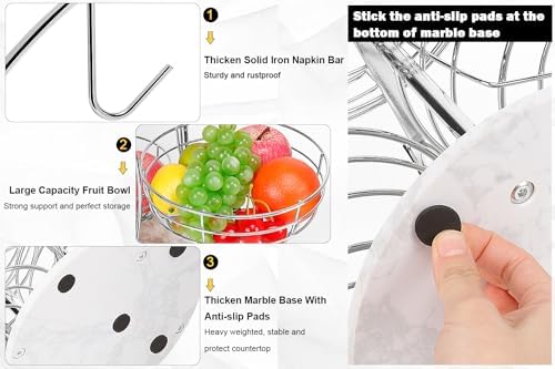 Livabber Fruit Basket Bowl with Banana Hanger, Metal Fruit Vegetable Storage Basket with Banana Holder for Kitchen Counter, Detachable Organizer for Bread Snack Produce (Chrome, 3-Tier Marble Base)