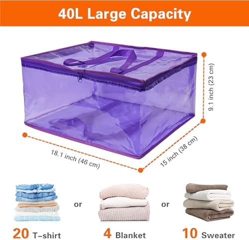 Vieshful Purple 40L Clear Clothes Storage Bag Colorful Clothes Organizer with Zipper Vinyl Storage Bag for Comforter, Blanket, Bedding, Duvet, Transparent Moving Totes 5 Pack