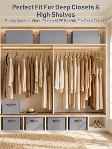 8 Pack Large Closet Storage Baskets Bins for Shelves, Collapsible Fabric Closet Organizers and Storage with Polyester Handles, Decorative Baskets for Organizing Clothes, Towels, Linen Closet 14"x10"