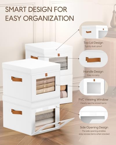 Homsorout Storage Bins with Lid – Closet Organizer with Side Opening and Clear Window, Foldable Stackable Fabric Basket for Clothes, Home, Office - 13.77" x 11.8" x 9.8", 4 Pack, White