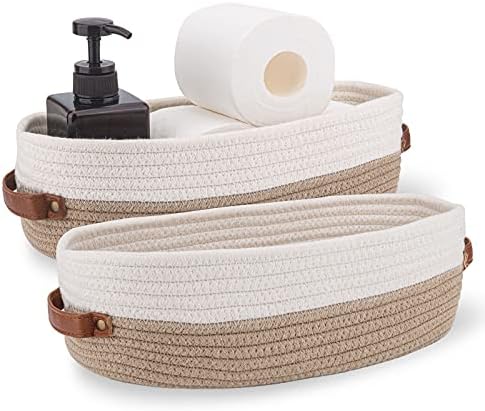 2 Pack Cotton Rope Bathroom Decor Basket,Toilet Paper Holder Basket,Farmhouse Home Decor Organizing Baskets 13"x5.9"x4" Brown Stitching White