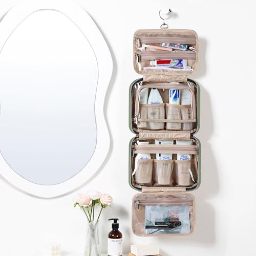 NISHEL Travel Toiletry Bag for women, Portable Hanging makeup Organizer | for Travel-Sized Shampoo, Conditioner, Brushes Set, makeup Accessories, Medium Size, Bronze Green