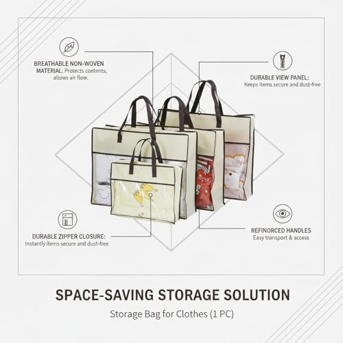 Underbed Storage Bag with Zipper, Beige Non-Woven Fabric Organizer for Clothes, Bedding, and Sweaters, 15.7 x 11.8 x 3.9 Inch Container (1 Pack)