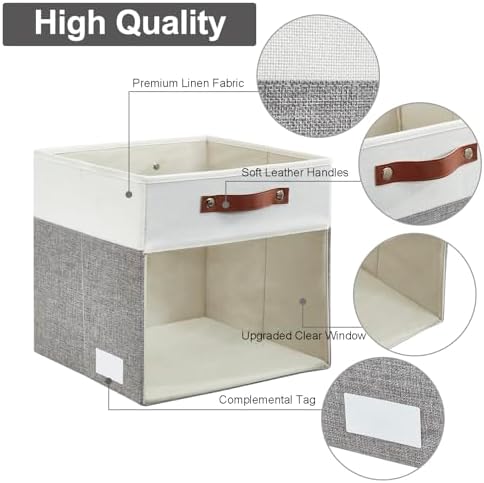 Bagnizer Storage Cubes, 4 Pack Linen Foldable Storage Bins (13 x 13 inch) with Clear Window and 2 Handles, Closet Organizers and Storage for Shelf Closet, Clothes, Books - (Gray and White)