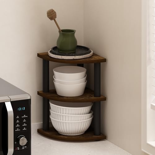Furinno Turn-N-Tube Kitchen Countertop Organizer, 3-Tier Corner Countertop Organizer Shelf, Corner Shelf, for Kitchen, Pantry, Organizers and Storage, Amber Pine