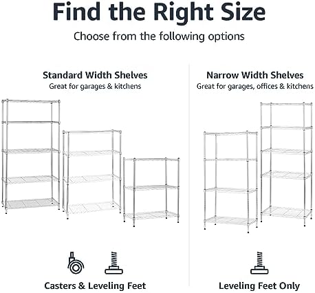 Amazon Basics 5-Shelf Adjustable, Heavy Duty Storage Shelving Unit on 4" Wheel Casters, Easy to Move Portable Wire Shelving, No Tools Needed for Easy Assembly, 30" x 14" x 64.8", Chrome