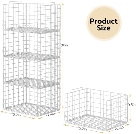 4-Tier Stackable Closet Organizers and Storage Basket - Foldable Closet Shelf Organizer System, Sturdy Metal Space-Saving Clothes Storage Bins for Wardrobe, White