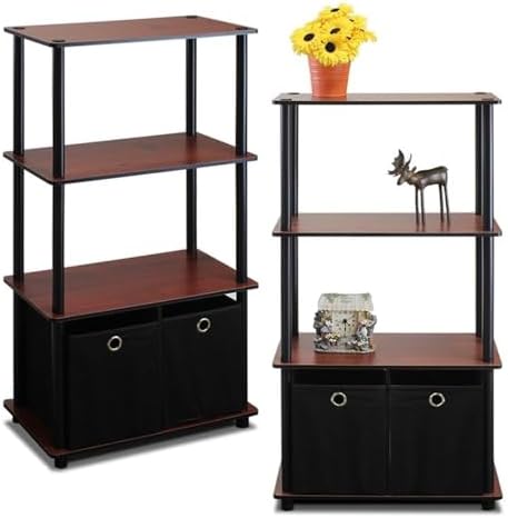 Furinno GO GREEN Storage Shelf Set of 2, 4-Tier Storage Rack with Bins, Book Shelf, Display Rack, with Storage Bins, for Organization and Storage, Living Room, Home Office, Dark Cherry