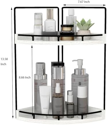 Dorhors 2-Tier Rustic White Corner Bathroom Shelf | 2-Tier Rustic White Rack Holder for Skincare,Perfume,Makeup,Lotion,Wood Sink Tray Stand for Kitchen,Restroom,Dresser