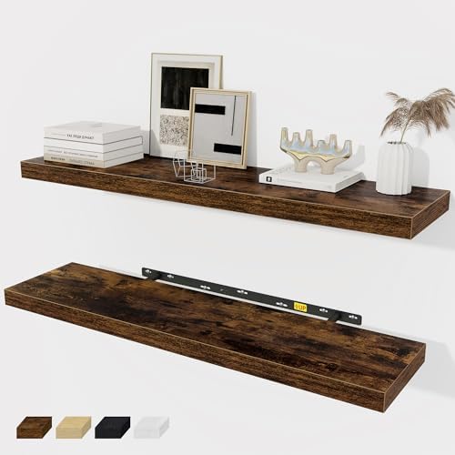 Fun Memories 36 x 8 Inch Floating Shelves for Wall, Farmhouse Bathroom Shelves Set of 2, Wood Wall Shelves 36 Inch Long, 36 x 8 x 1.4 Inch, Rustic Brown