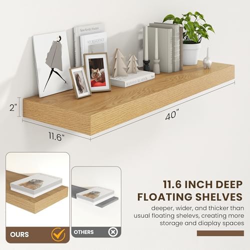 FLYJOE 40 Inch Floating Shelves, 12'' Deep Oak Shelves for Wall Set of 2