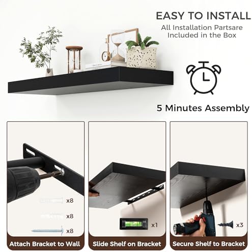 40 Inch Floating Shelves for Wall, 12"D Wood Storage Shelves, Black Finish