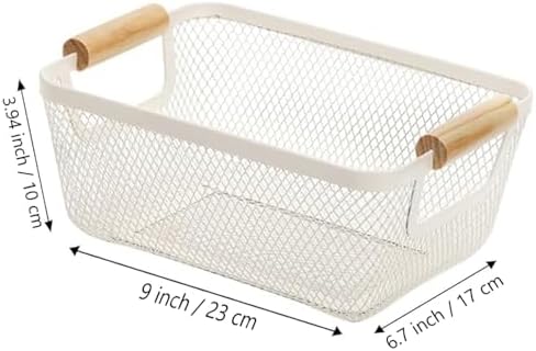 AJIODA 2Pack Metal Mesh Steel Basket, Small Wire Storage Organizer Basket Multi-function Hanging Kitchen Basket Fruit Basket with Wood Handle for Kitchen Picnic Cabinet Home Decor, Rectangle-Off White