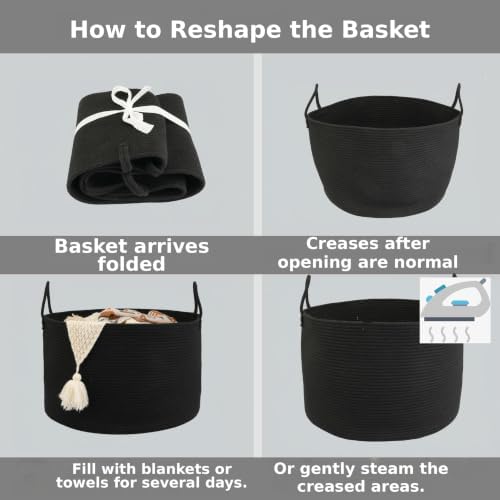 XUANGUO 66L Large Blanket Basket, Round Cotton Rope Basket, Black