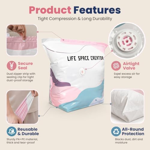 8PCS No Pump Vacuum Storage Bags, No Pump Large Vacuum Storage Compression Bags, Thick Airtight Reusable Organizer for Clothes Comforters Travel Moving Closet Storage (M)