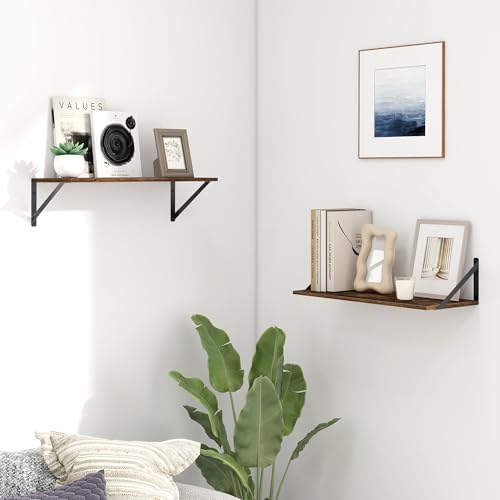 Fun Memories Deep Floating Shelves for Wall, 24W x 8D Wall Mounted Shelves Set of 2, Wide Display Ledge Shelf with Sturdy Metal Brackets for Living Room, Bathroom, Bedroom and Kitchen, Rustic Brown
