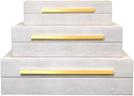Modern Decorative Box Faux Shagreen Leather, Decorative Storage Boxes with Lids for Home Decor, Large Multifunctional Storage Jewelry Box Organizer(white 3PCS)