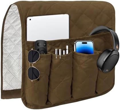 MEHIDFY Sofa Armrest Caddy, Waterproof Bedside Storage Organizer, Non Slip Armchair Pockets, Remote Control Holder for Couch, Handy Pouches with 6 Pockets for TV Remote, Phone, Magazine(Brown)