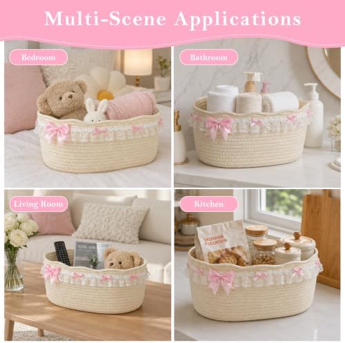 Gift Basket Empty with Gift Bag and Ribbon to Fill, Empty Woven Storage Basket for Gifts Cotton Rope with Handle Cute Baby Gift Baskets for Baby Showers, Easter, Birthdays and Toy Storage