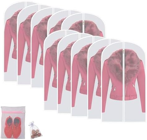 Garment Bags for Hanging Clothes (Set of 12) Suit Bags for Closet Storage, Plastic Waterproof Suit Cover Bag with Zipper for Coats, Jackets, Shirts 24'' x 40''
