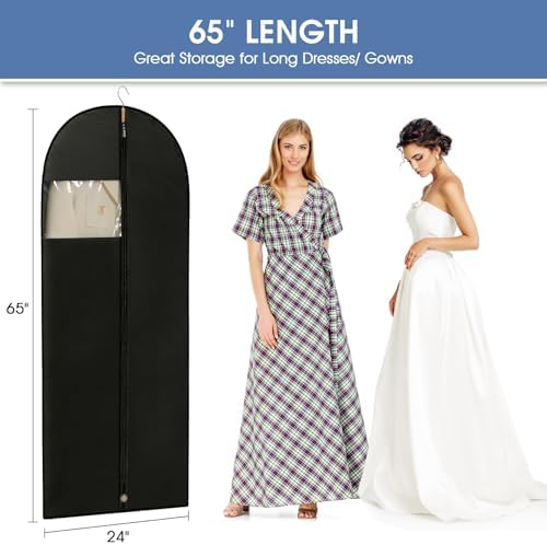 Dress Bags for Gowns, 65'' Long Garment Bags for Hanging Clothes, Dress Garment Bag, Black Dress Bag with Clear Window for Dresses, Coats, Uniforms（5 Packs）