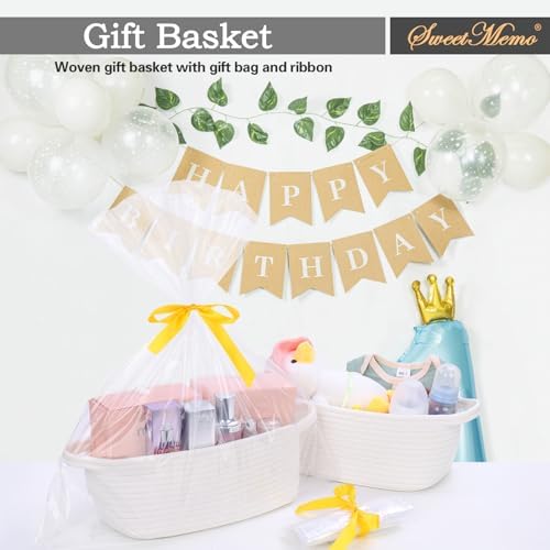 Gift Basket Empty with Handles, 12x8x5 inch - Small Cute Woven Rope Basket for Baby Nursery, Kids Toys - With Gift Bag & Ribbon, Perfect for Wedding, Birthday Gifting (Cream White, 1PC)