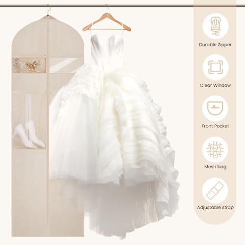 Wedding Dress Garment Bag,72" Tri-Fold Bridal Gown Bag with 12 Pouches and Adjustable Buckle Gown Cover for Wedding/Prom/Travel/Closet Storage (2pcs Beige)