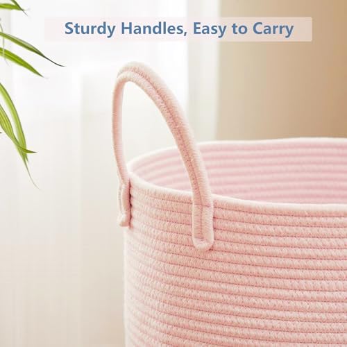 Large Pink Hamper Laundry Basket for Baby Kids 15Dx20H inches | Woven Rope Nursery Hamper for Girls Room Bedroom Kawaii Laundry Bin 60L Capacity