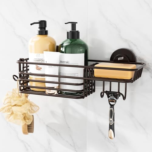 TAILI Shower Caddy Suction Cup with Hooks & Soap Holder, Brown Shower Shelf | Heavy Duty Bathroom Organizer, No Drilling Shelves for Inside Shower, Metal Storage Holder