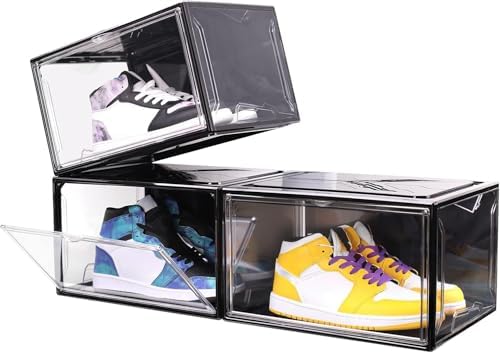 KDOR Clear Shoe Boxes Stackable, 3 Pack Shoe Storage Box with Lids Magnetic Door, Clear Sneaker Storage Acrylic Boxes for Display, Fit Shoe Size Up to US 15（Side 3 PACK BLACK）