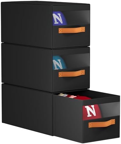 Homsorout Hat Organizer for Baseball Caps - 3 Pack Pull-Out Drawer Hat Storage Organizer Box with Clear Window, Stackable Closet Cap Holder, Baseball Cap Organizer for Closet, Bedroom, Home, Black