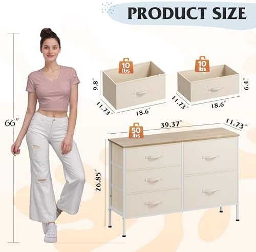 WLIVE 5 Drawer Fabric Dresser for Bedroom, Wide Storage Chest, Cream