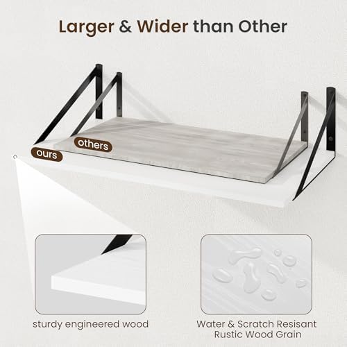Fun Memories Floating Shelves for Wall, 12 Inch Deep Floating Shelves Set of 2, 24W x 12D Large Wall Shelf with Sturdy Metal Brackets for Living Room, Bathroom, Bedroom and Kitchen, White
