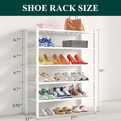 Smiry Bamboo Shoe Rack, 12 Vertical Slats, 5 Tier - 26.8" Wide, White