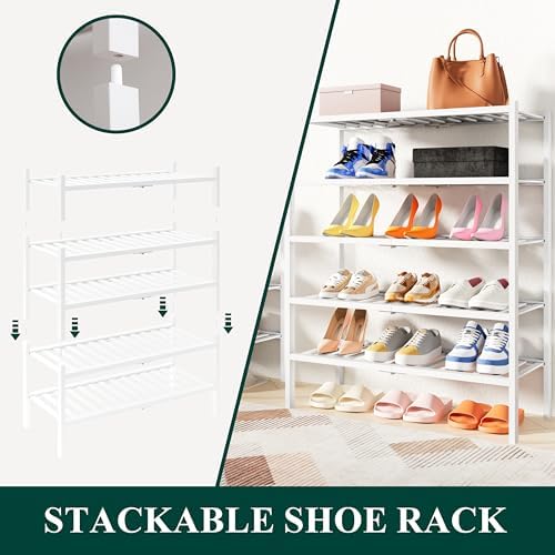 Smiry Bamboo Shoe Rack, 14 Vertical Slats, 3 Tier - 26.8" Wide, White