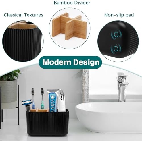 GFWARE Black Toothbrush Holder, 5 Slots Bathroom Organizers and Storage | Bamboo Toothbrush Holder, Kids Electric Toothbrush Holder and Toothpaste Storage for Bathroom Sink Organizer