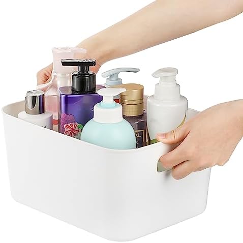 Peohud 5 Pack White Plastic Storage Bins, Pantry Organization and Storage Baskets with Handles, Open Plastic Storage Container for Home, Kitchen, Office, Shelves, Cabinet, Under Sink Organizer